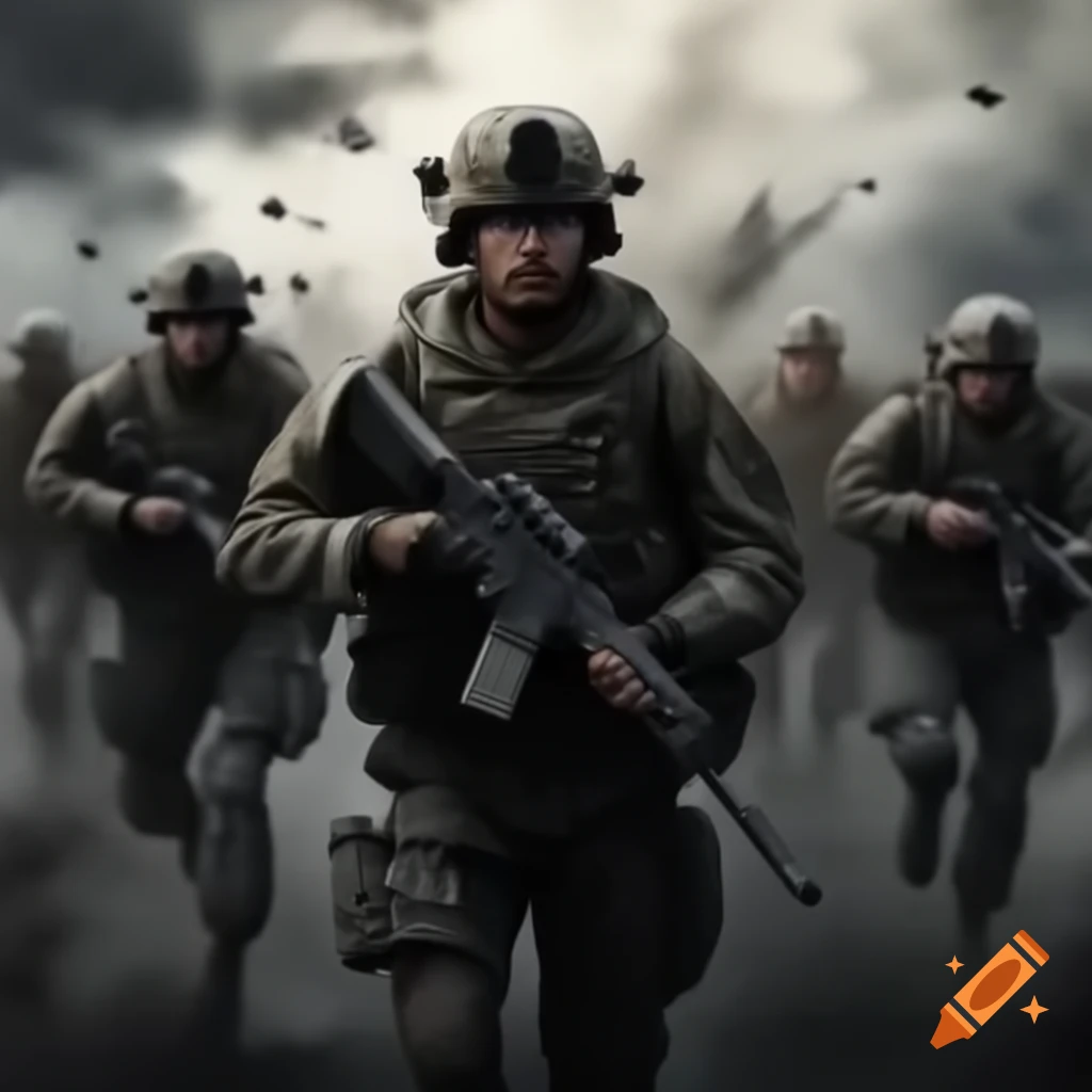 Modern soldiers advancing in tactical formation