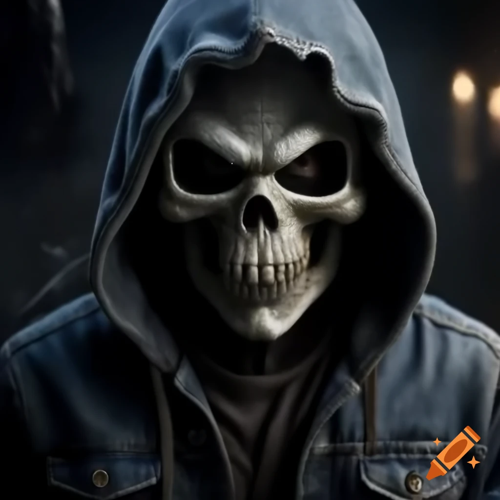 Grim Reaper character dressed in denim attire