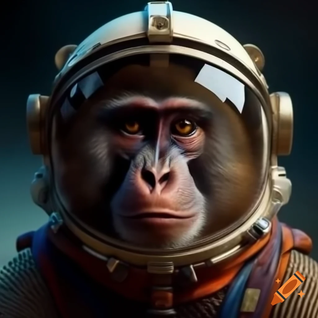 Baboon in space helmet illustrated in Alphonse Mucha style
