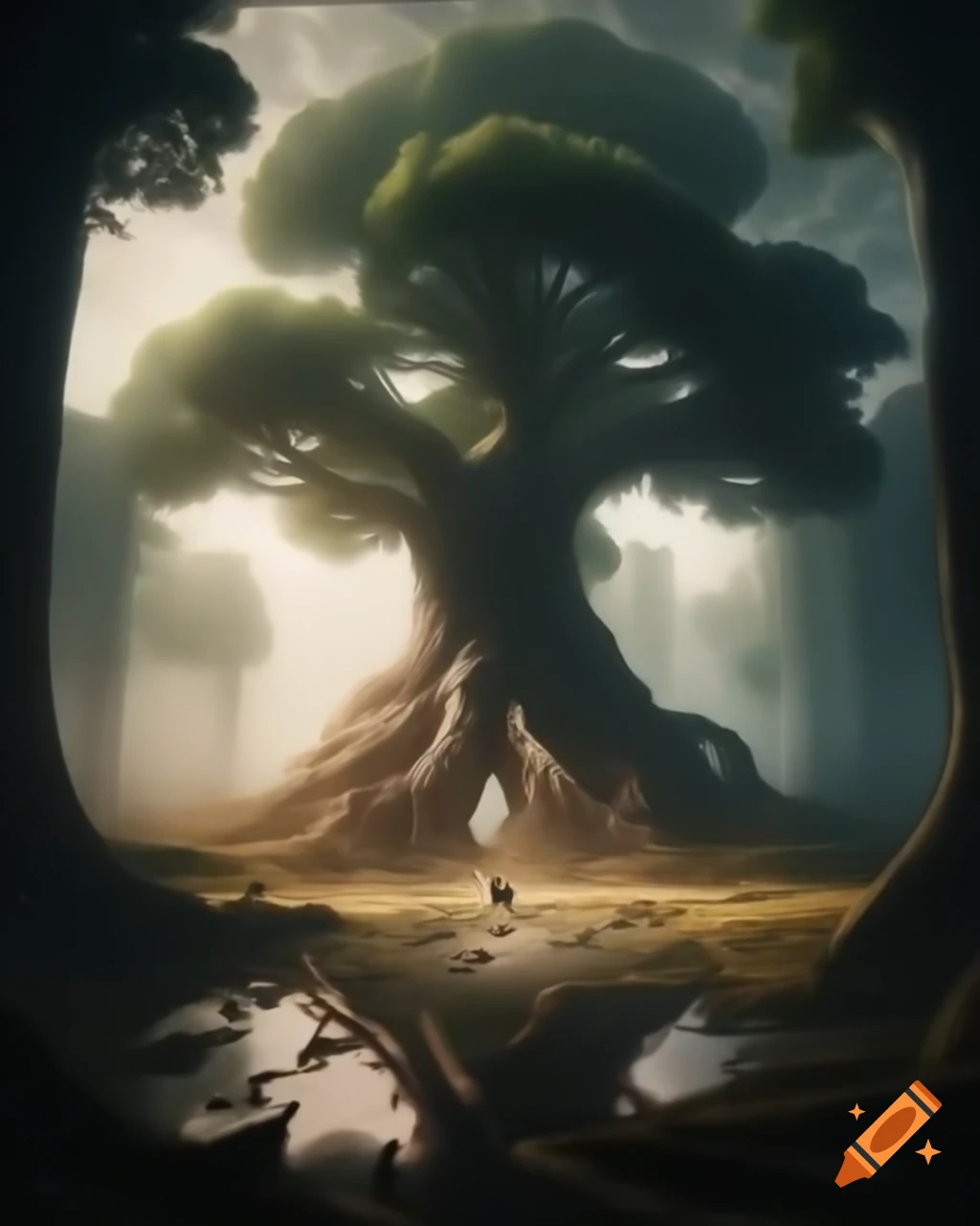Ancient tree in misty forest with branches glowing golden and stardust-like leaves