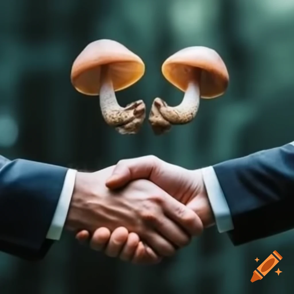 Two mushroom characters in suits shaking hands