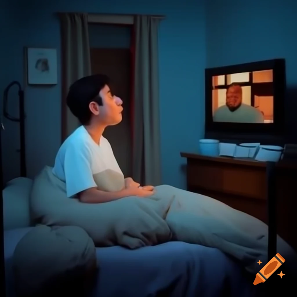 Person in bed watching television from a right angle