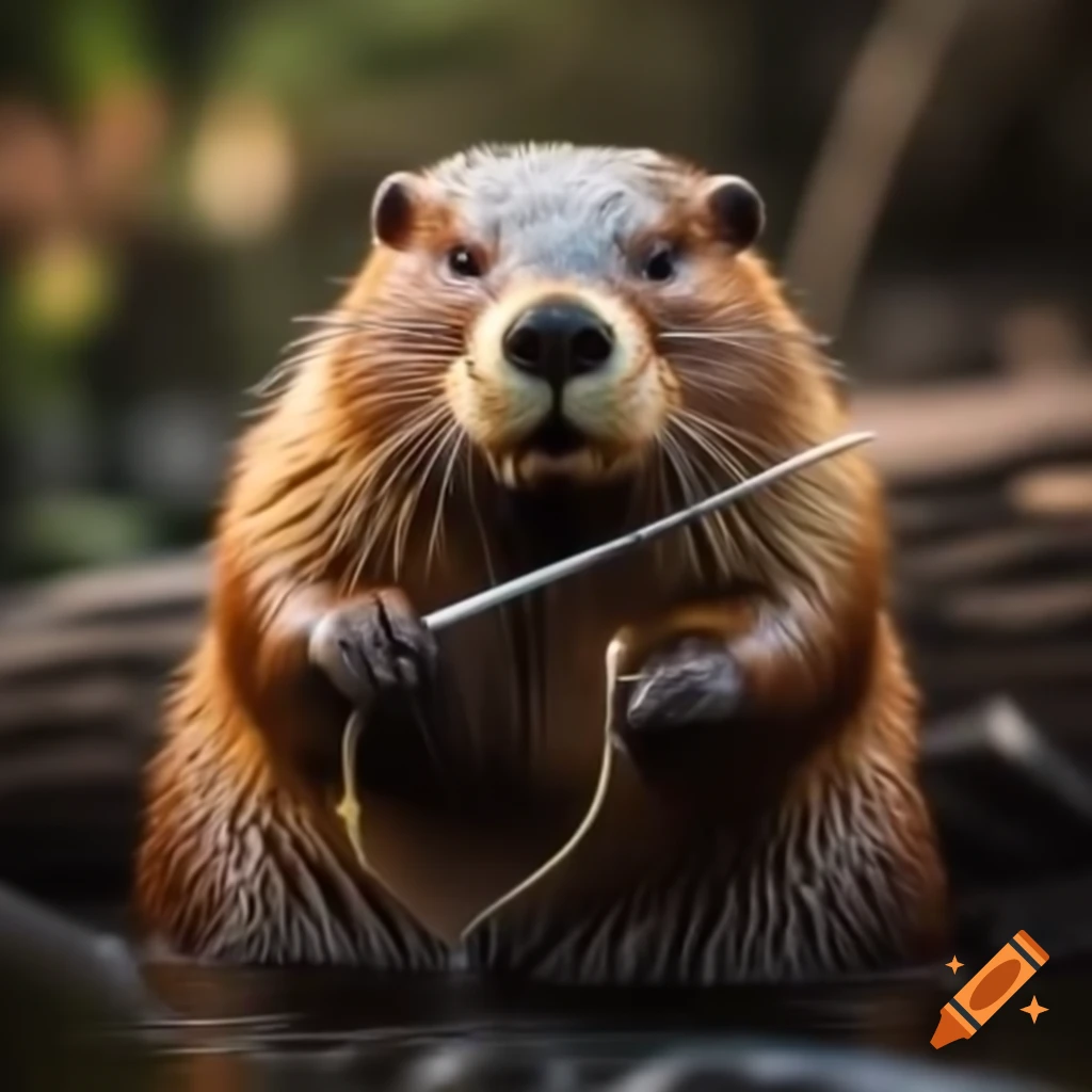 Beaver holding scissors in a whimsical scene