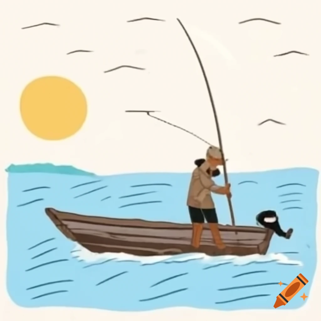 Detailed drawing of Indonesian fisherman on a boat near beach with sun in the sky