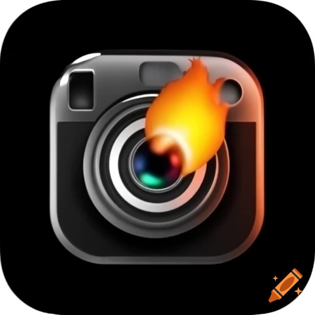App icon featuring burning photo camera with black tendrils