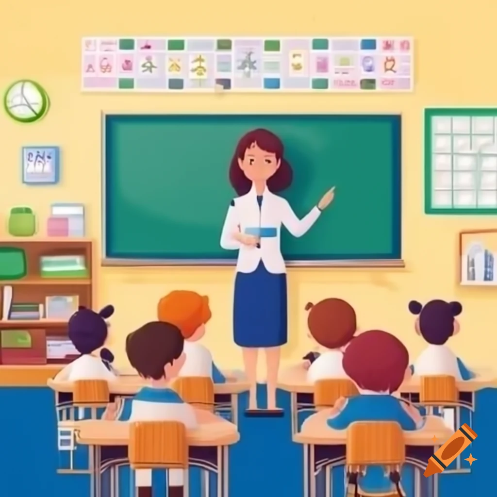 Brunette israeli middle school teacher smiling in classroom on craiyon