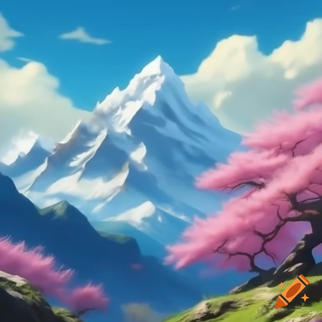 Snow capped mountains with cherry blossom tree in the foreground