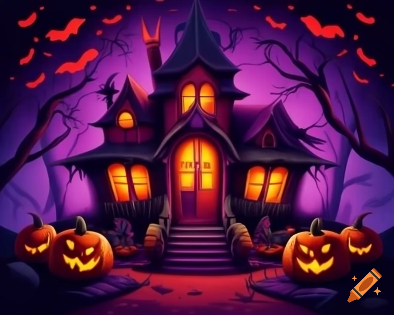 Haunted Halloween Pumpkin House In Red Purple Black And Gold Cartoon 