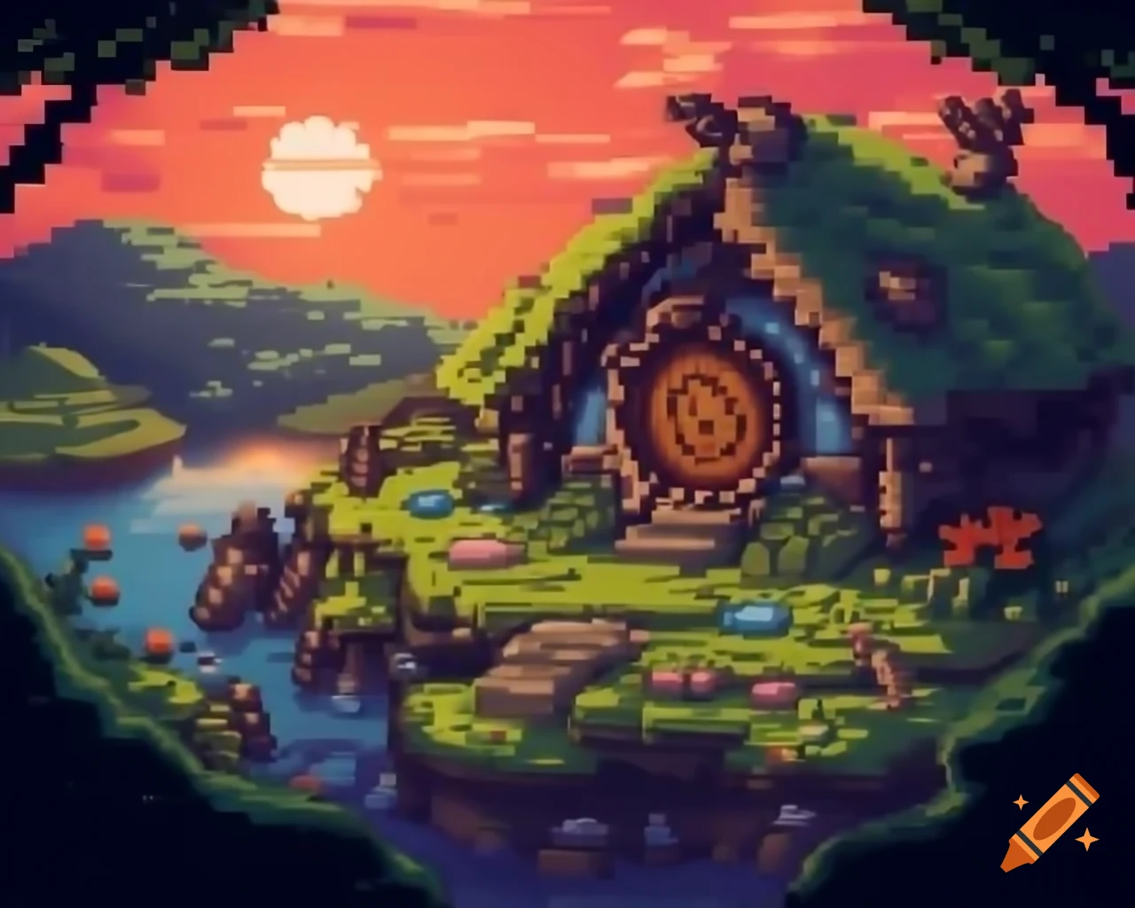 Pixel art of hobbit house by lake with sunset, moss, and flowers
