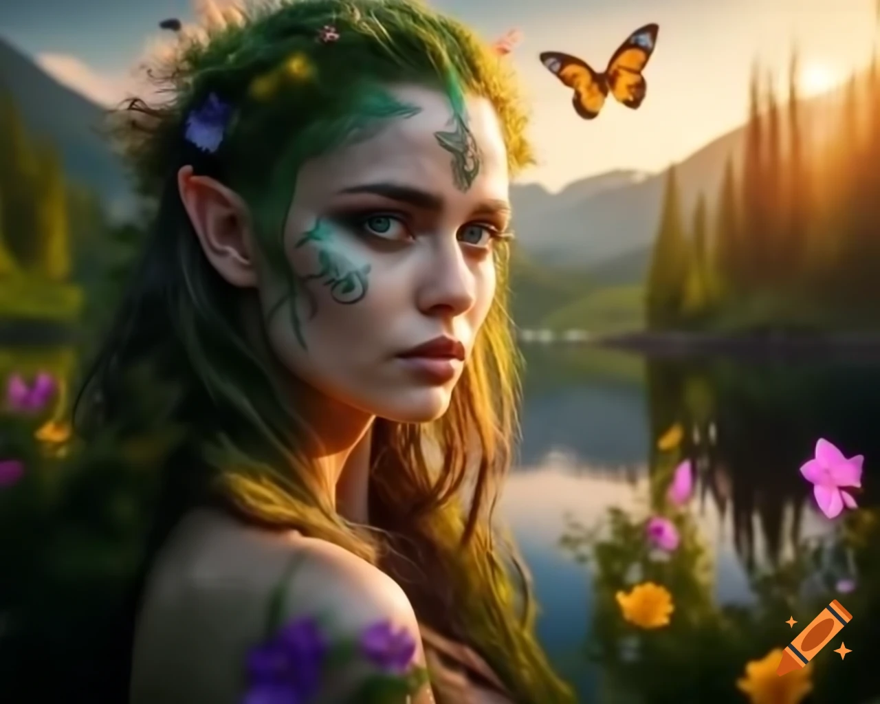 Hyperrealistic render of mystical Norse Celtic woman with flowers and butterflies in hair