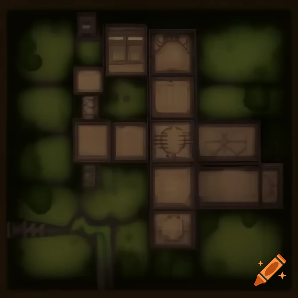 Top down view of Victorian era academy battle map in city with backyard