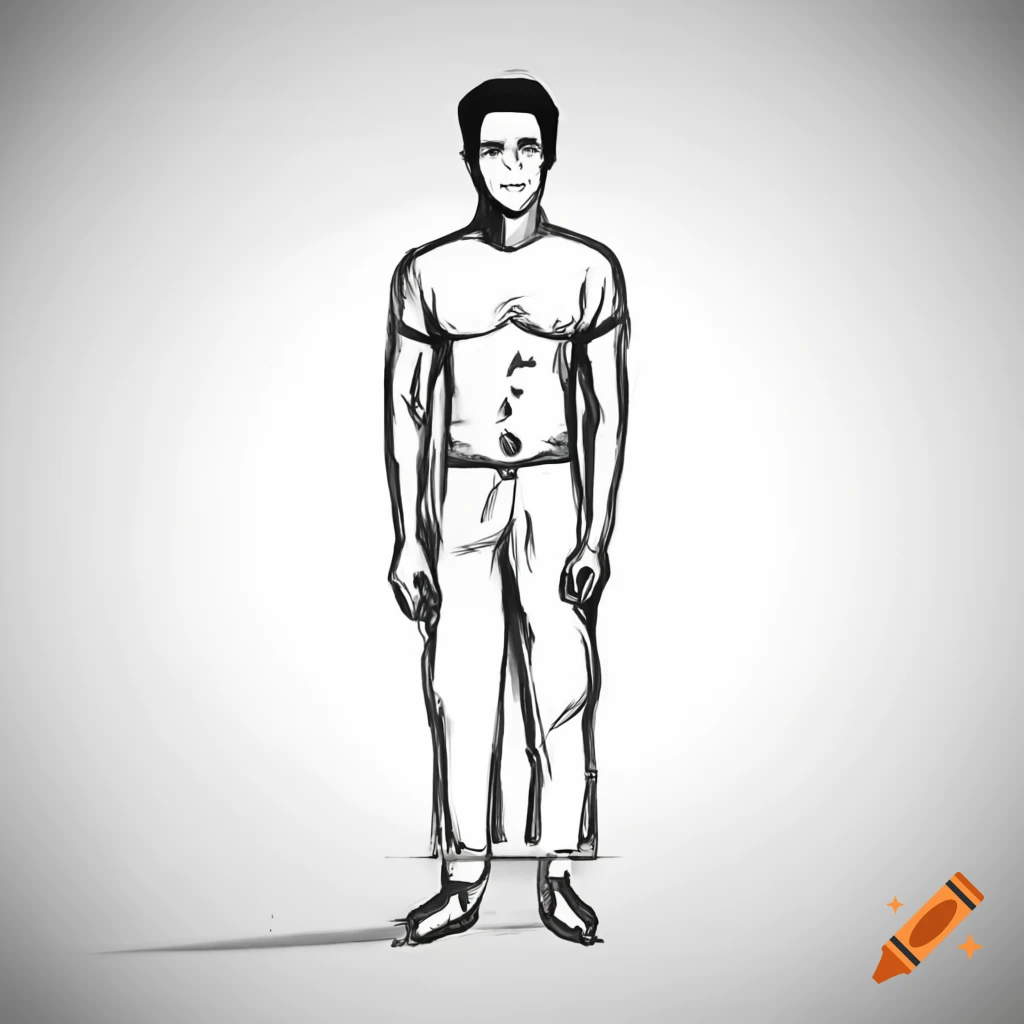 Full body sketch of a man in shirt, pants, and shoes on blank background