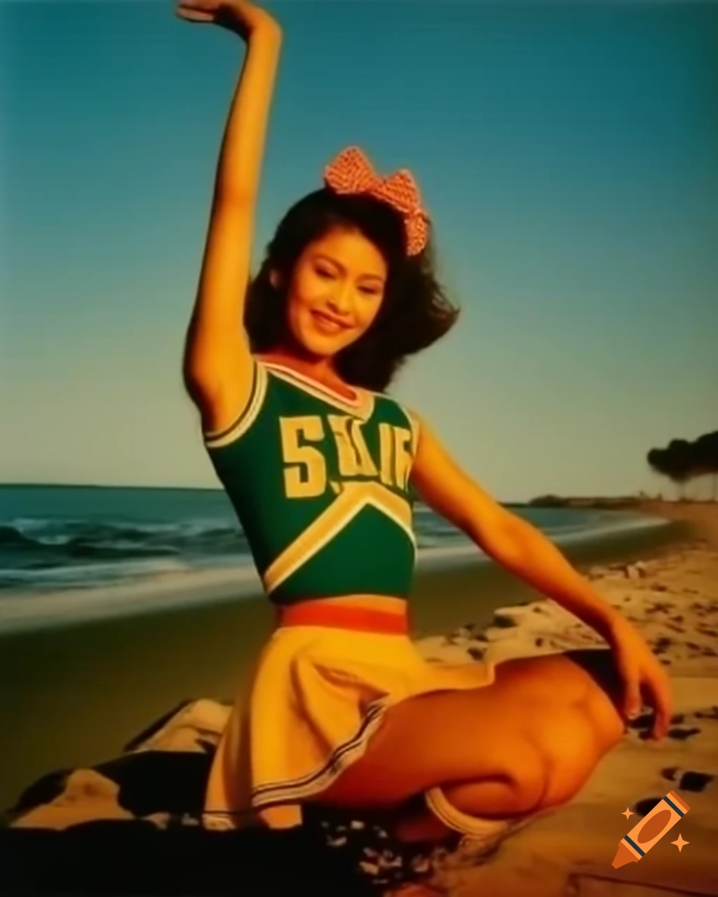Hyperrealistic vintage photo of Japanese idol actress in cheerleader uniform on palm beach