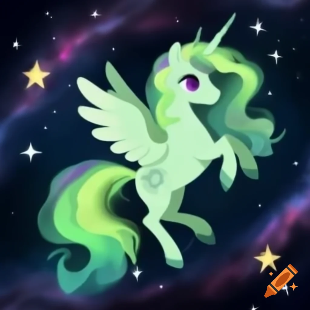 Cute green pegasus with aurora hair flying through stars and galaxies