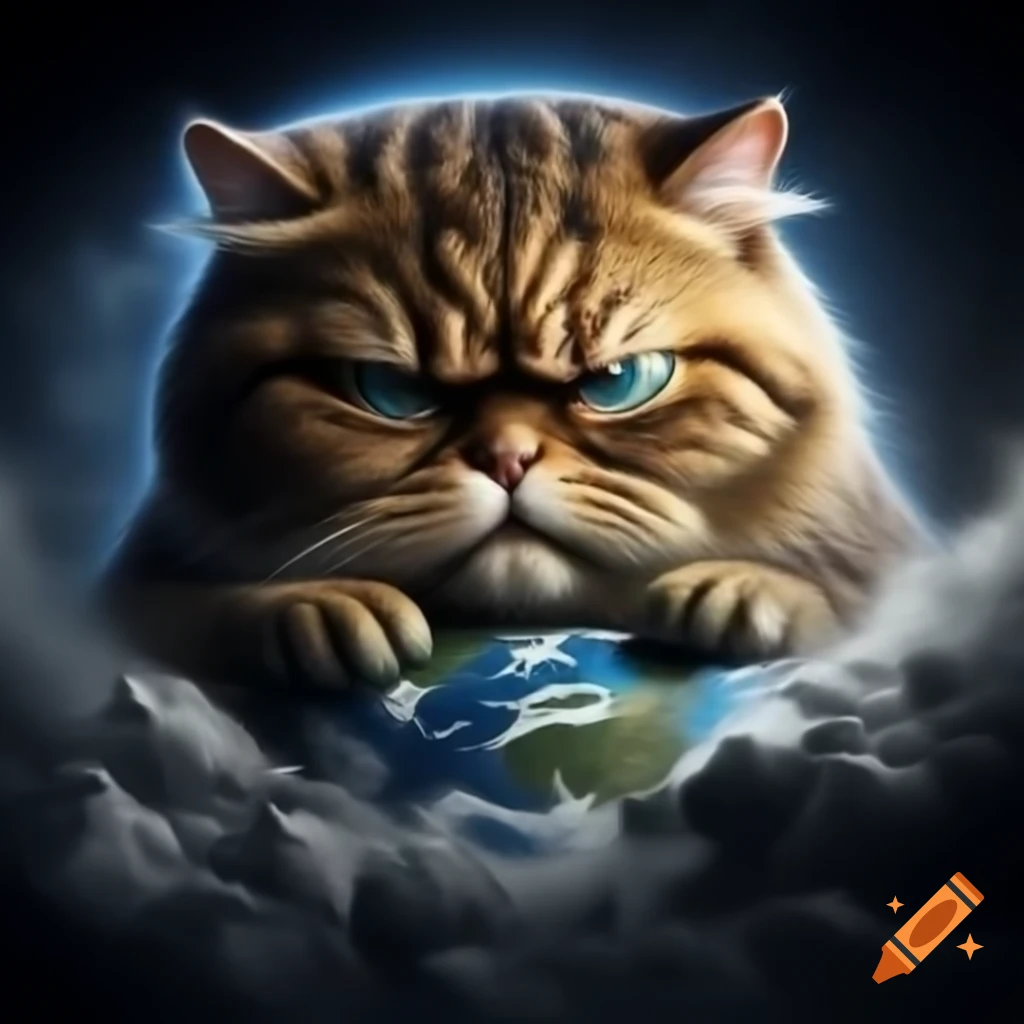 Frightened fat cat clinging to Earth defying gravity