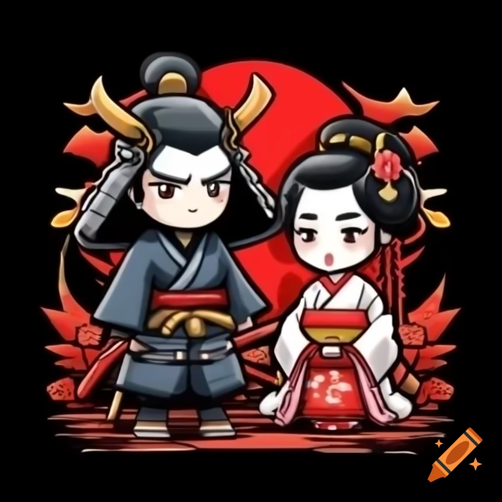 Samurai and geisha in traditional attire