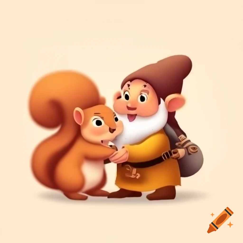 Cartoon of dwarf cuddling a cute squirrel