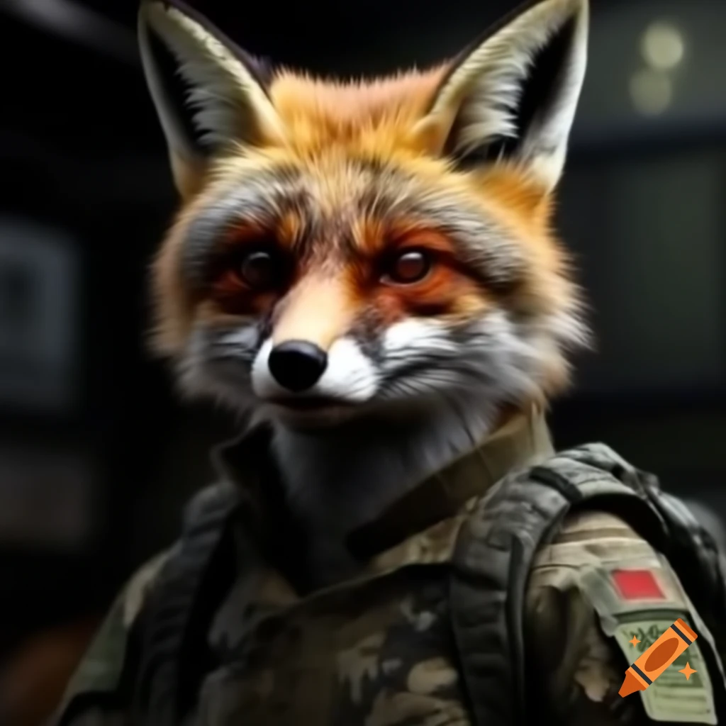 Mugshot of fox dressed as grizzled soldier