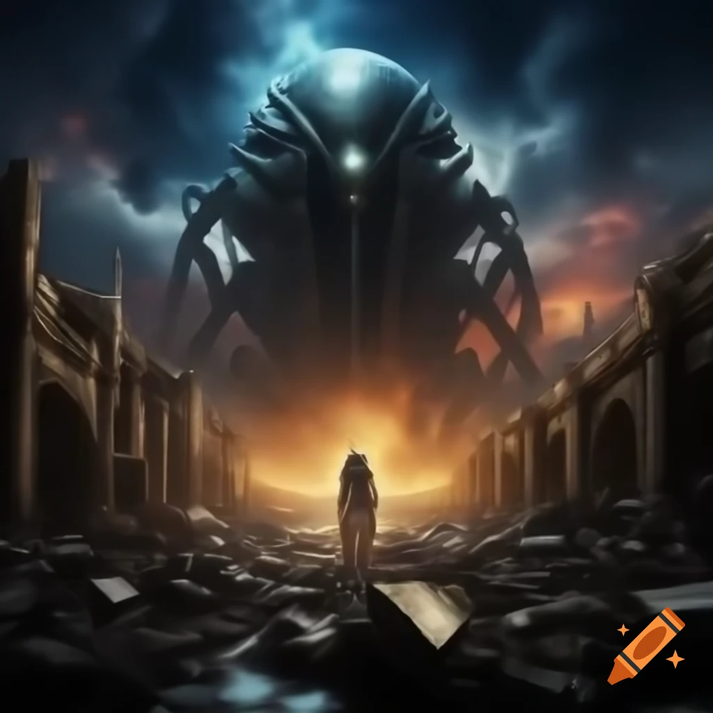 Surreal cosmic dream war aftermath with ruins and aliens