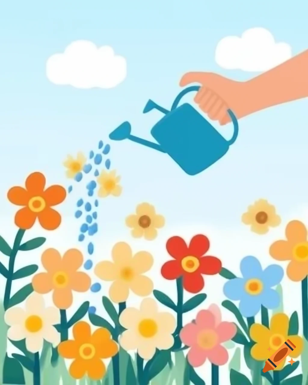 Illustration of hand watering flowers in the sky
