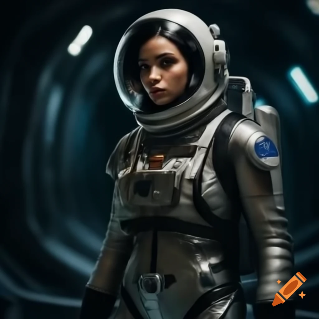 Woman in astronaut suit inside spaceship inspired by Alien