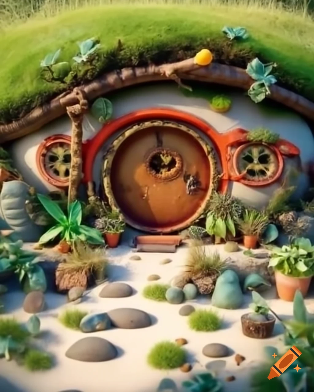 Cozy hobbit house with potted plants on a beach with white sand and blue waters