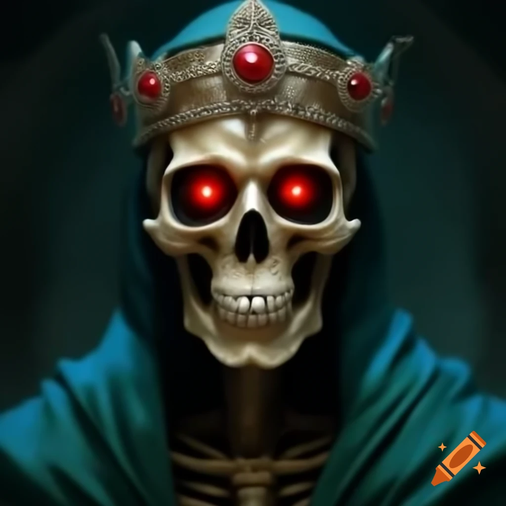 Skeleton with glowing red eyes in teal robe and bejeweled crown