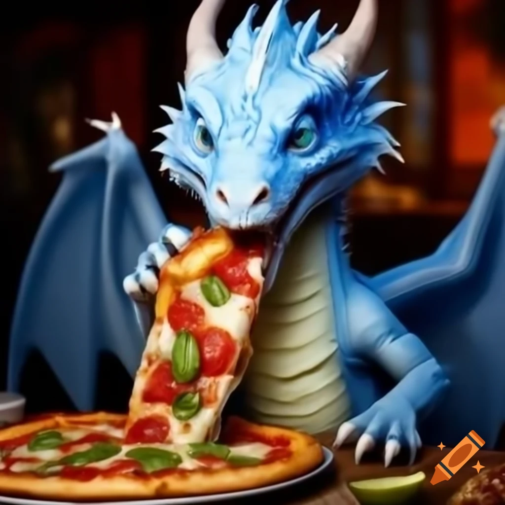 Blue-eyes white dragon enjoying a slice of pizza