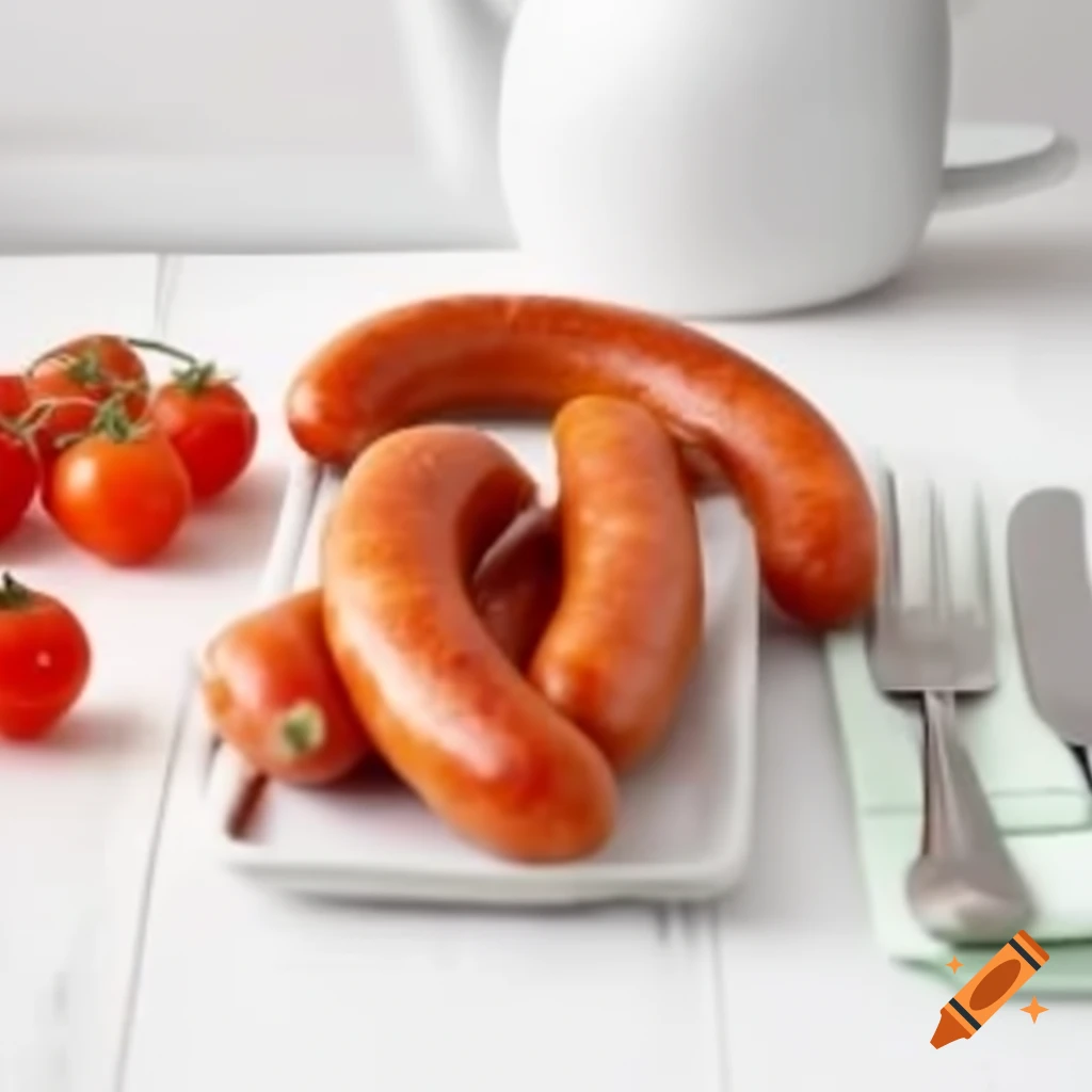 Sausage with tomato on table against white background