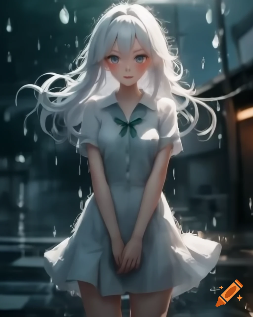 Anime woman with white hair and dress on a rainy day, realistic style