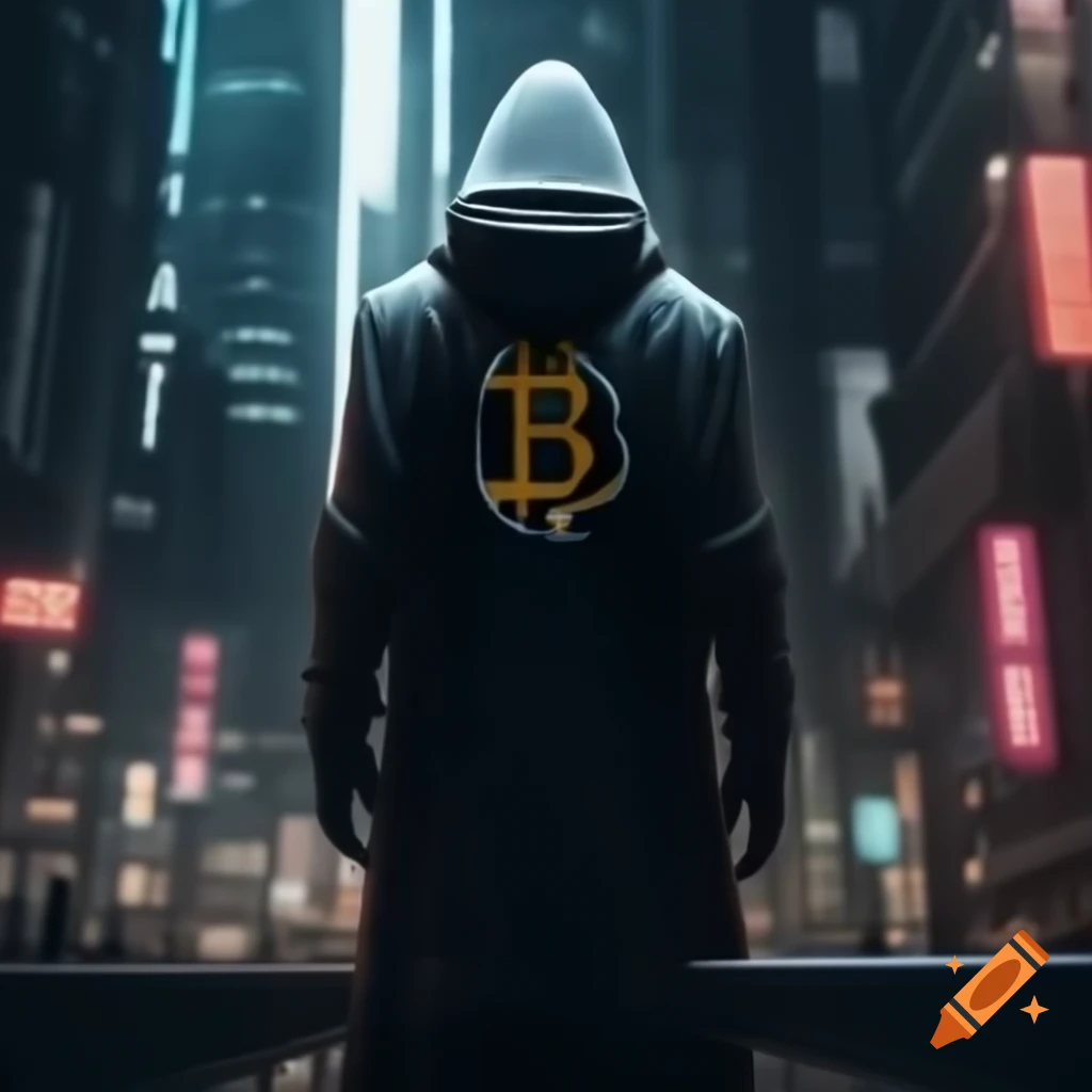 Hooded figure with white mask overlooking cyberpunk city skyline from tall building