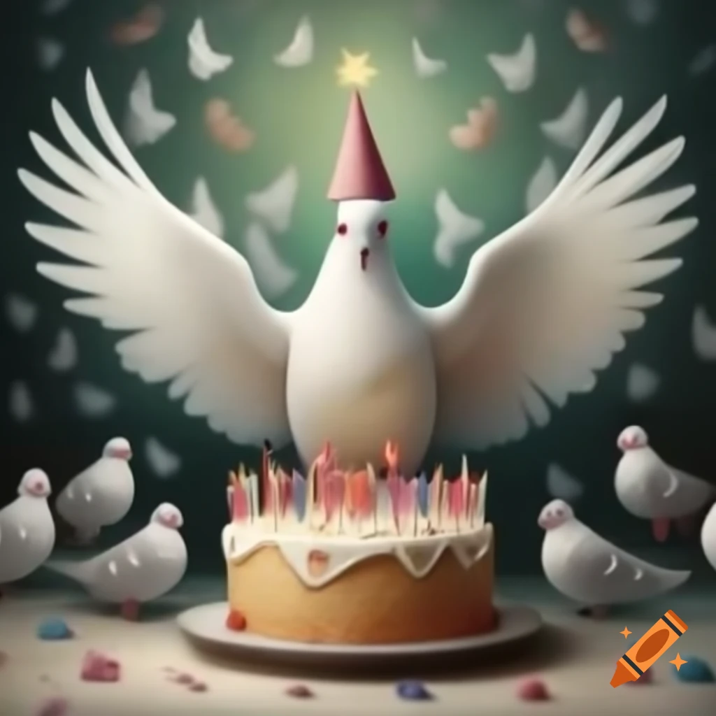 Dove in birthday hat with cake and doves ready to sing