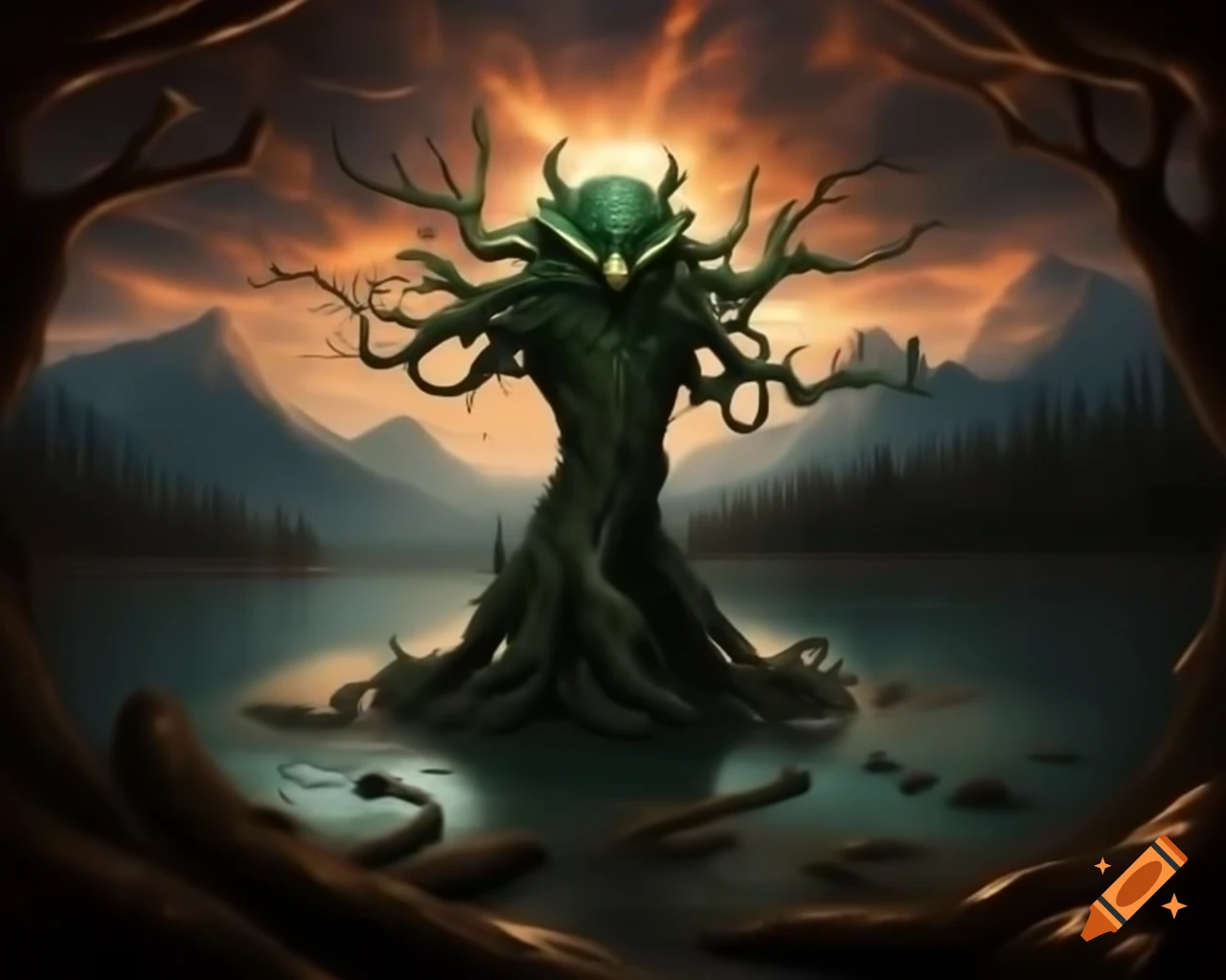 Dark fantasy scene with tree monster in forest near mountain lake