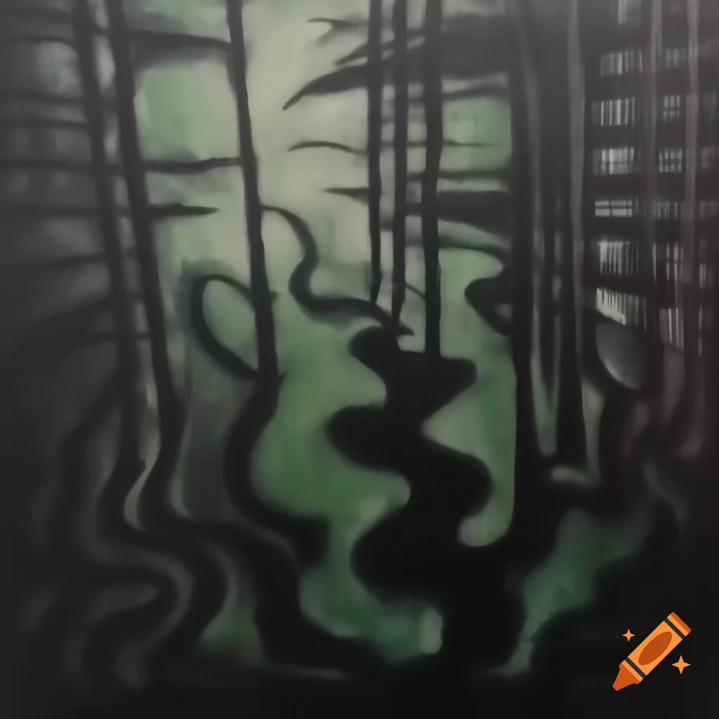 Abstract colored pencil and charcoal sketch of enchanted dark forest with rose and humanoid shadows