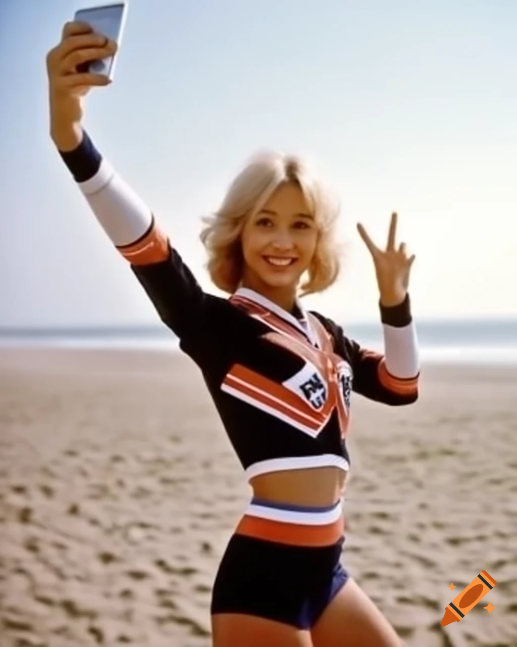 Japanese idol actress in cheerleader uniform making peace sign on palm beach