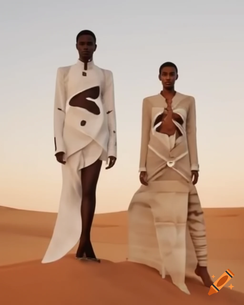 Fashion models in minimalistic high fashion costumes with natural