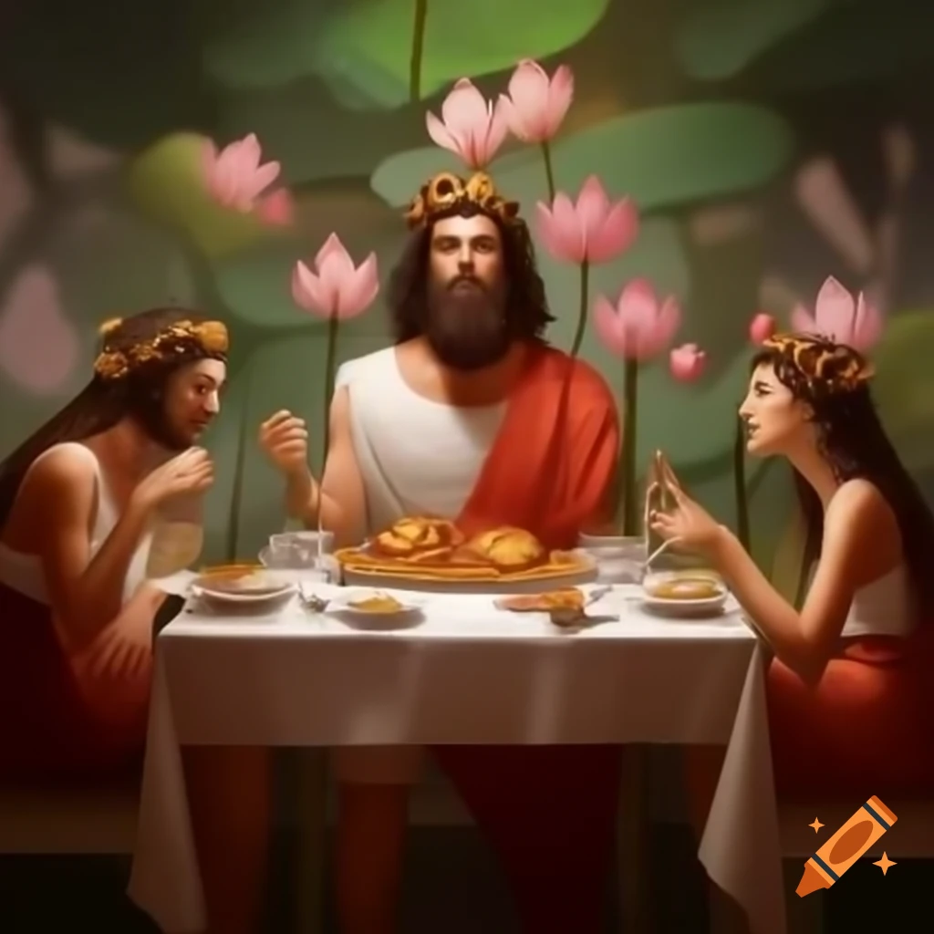 Realistic portrait of ancient Greek citizens eating lotus flowers