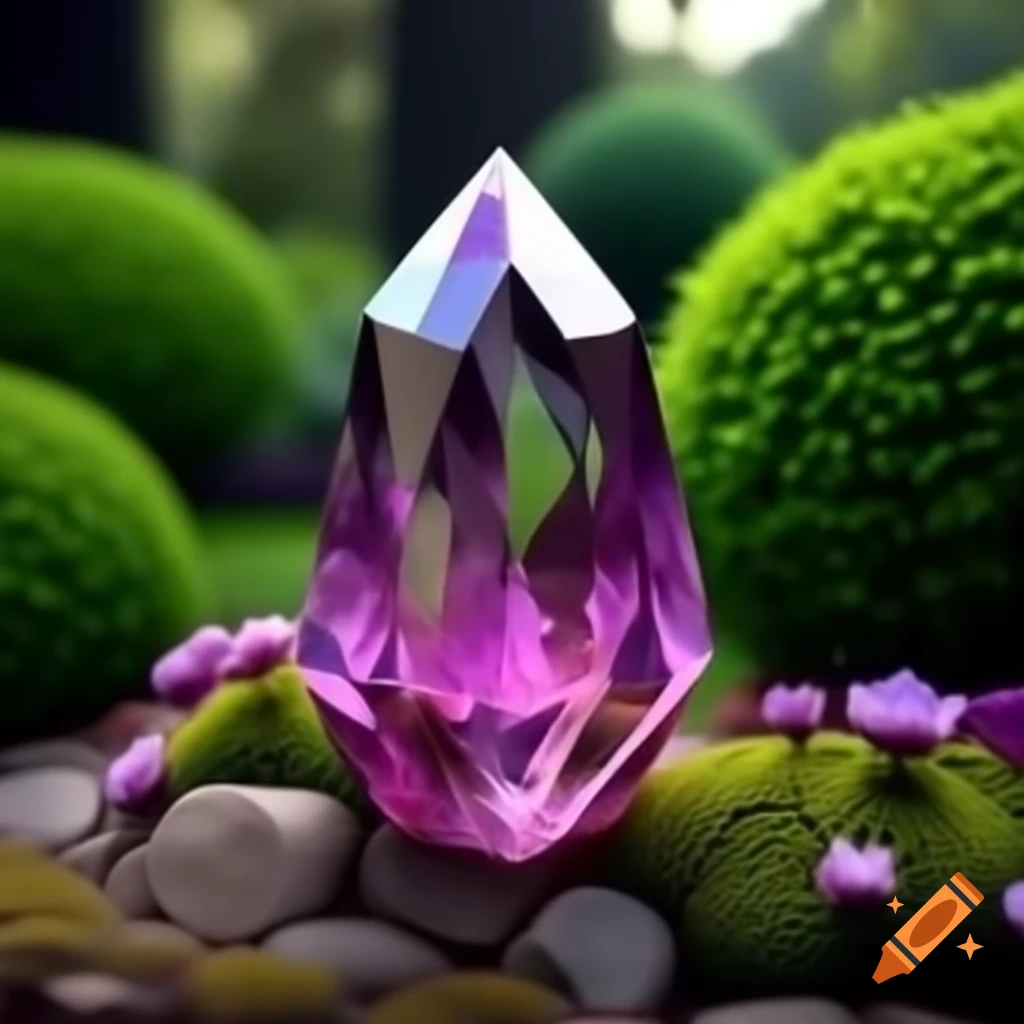 Beautiful crystal in a vibrant garden with flowers and green trees