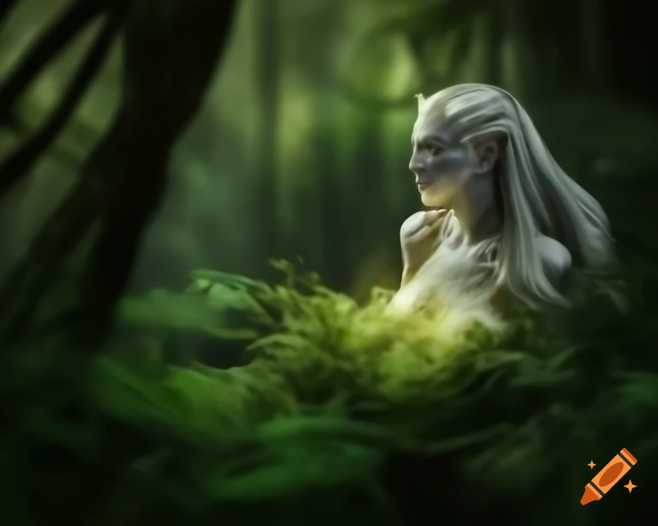 Powerful goddess of the wild in a lush forest, ancient legends