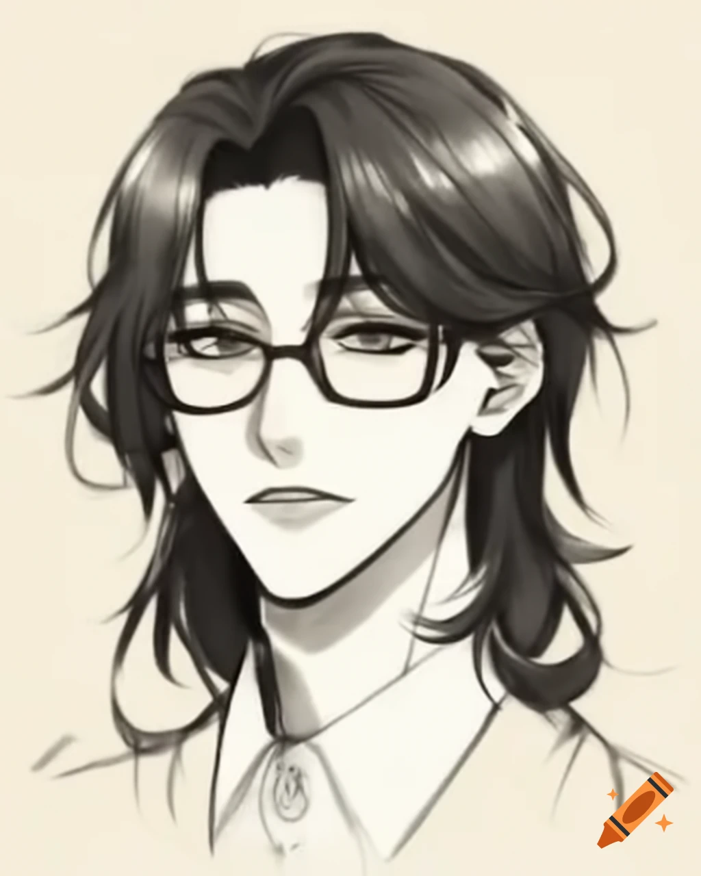 Half portrait of a handsome man with long black hair and glasses in jibri style