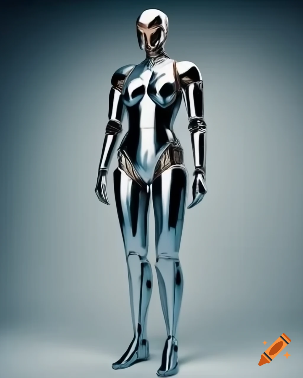 Female bionic armor suit in shiny chrome, detailed superhero design
