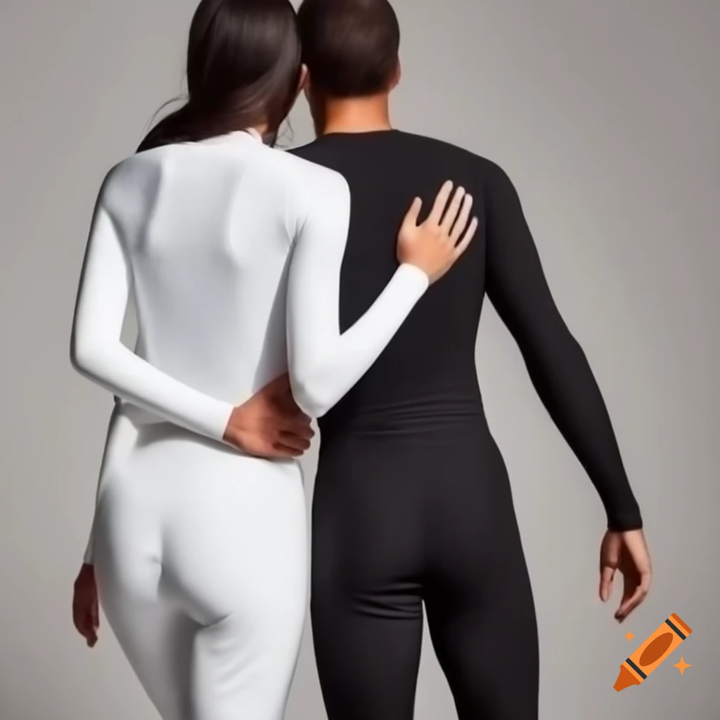 Couple in thermal suits embracing from behind, no faces visible