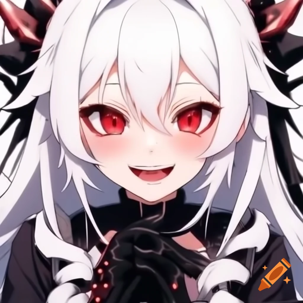 White-haired anime woman with yandere smile and red eyes in black Gothic attire