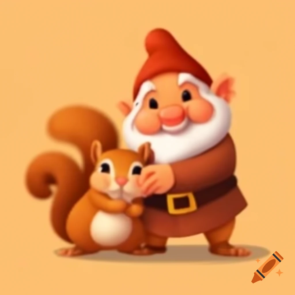 Cartoon dwarf cuddling a cute squirrel