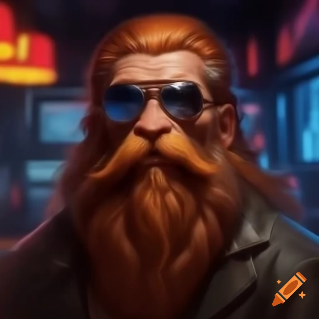 Portrait of hillbilly with aviator sunglasses and long orange beard in vaporwave aesthetic bar