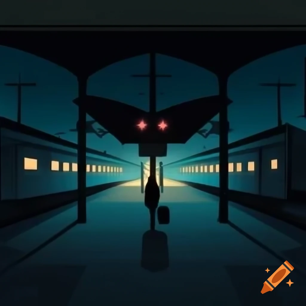 Empty train station at night with lone figure waiting on platform