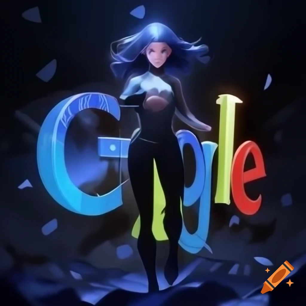 Magic girl character with dark purple and midnight blue attire stands on broken Google logo