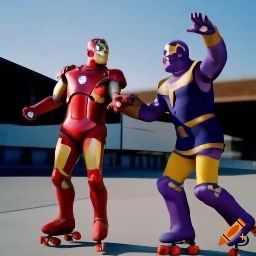 Iron Man and Thanos roller skating together