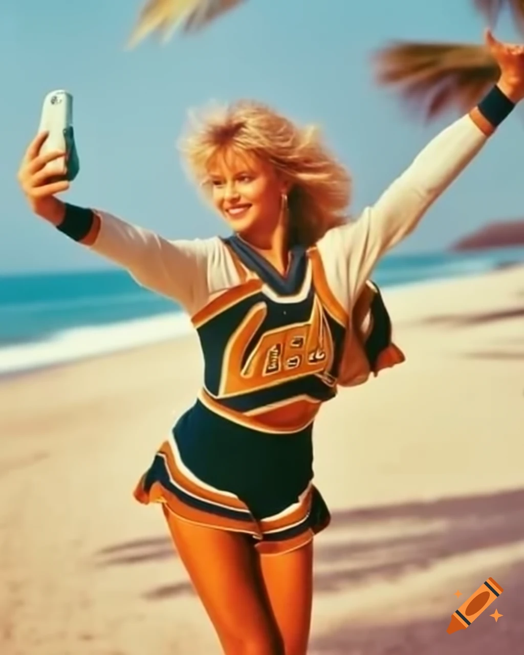 Hyperrealistic selfie of Korean idol actress in cheerleader uniform on palm beach