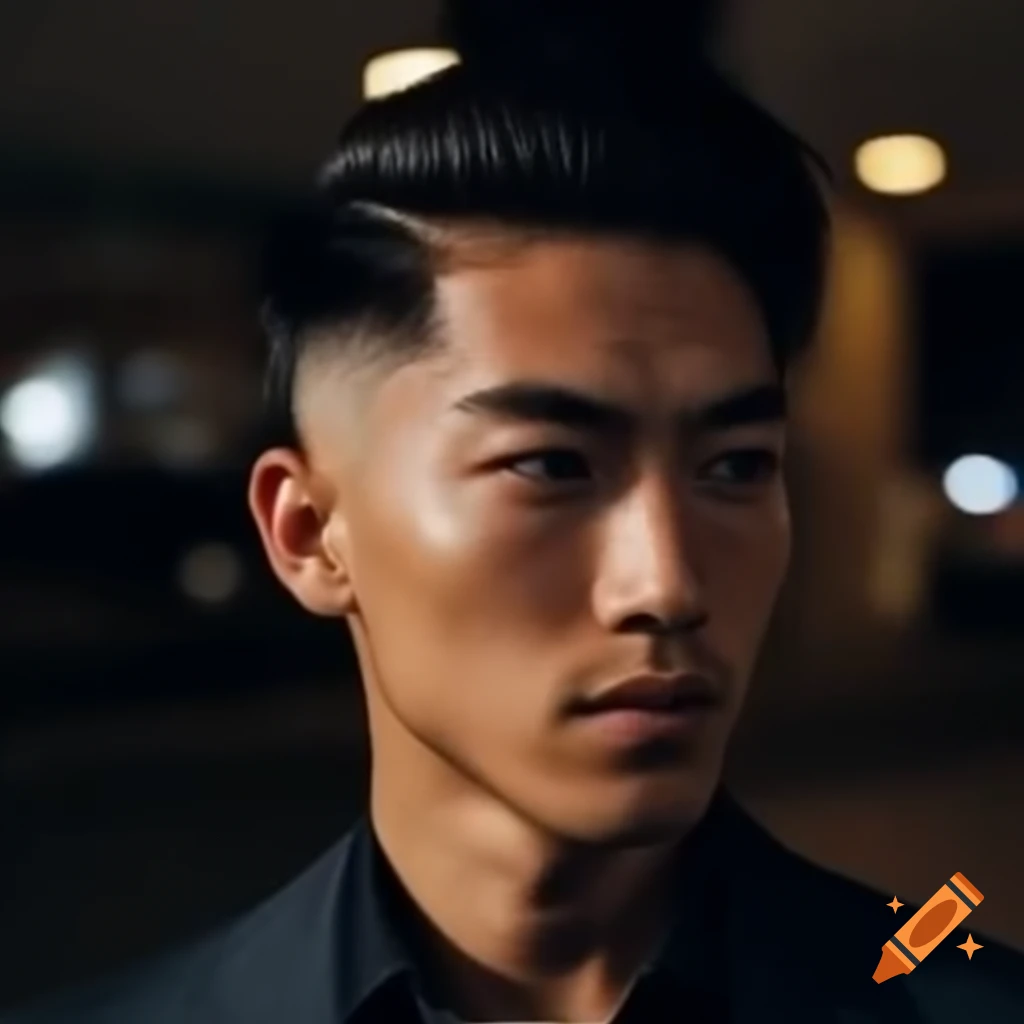 Stylish Asian businessman in San Francisco at night, showcasing trendy haircut and fashion